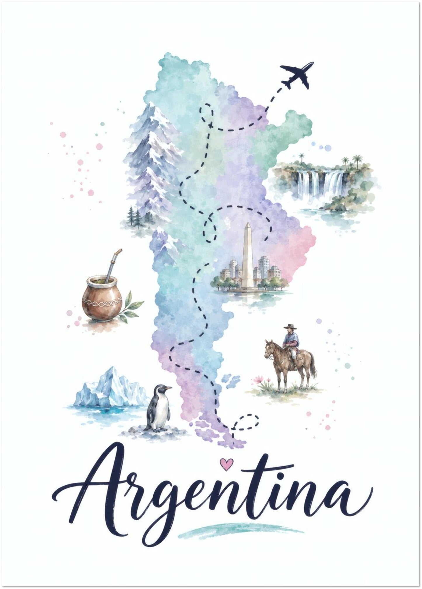 Unframed 20 x 28 inch Argentina map print displayed in portrait orientation. The artwork presents Argentina in layered pastel blue, green and lilac watercolour, with miniature wildlife, landscape and cultural illustrations placed around the country. A flying aeroplane adds a travel theme, while sweeping Argentina script completes the white-background poster.