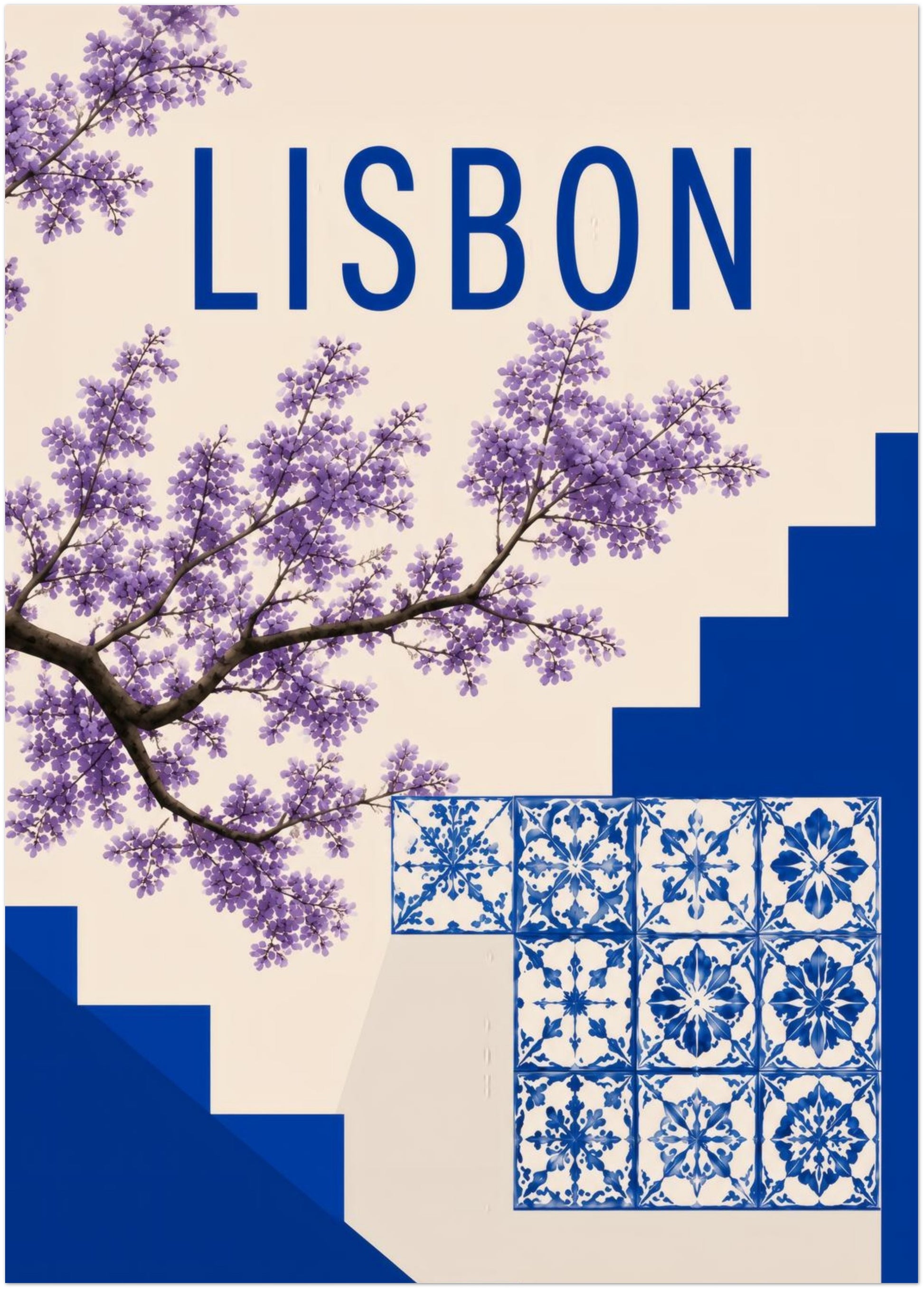 20x28 inch unframed Lisbon azulejo wall art with blue and white Portuguese tile details, purple jacaranda branches, simple Lisbon text and bold blue geometric steps. A larger Portugal wall art print for statement framing, hallway decor, bedroom walls, office styling or blue interior decor.