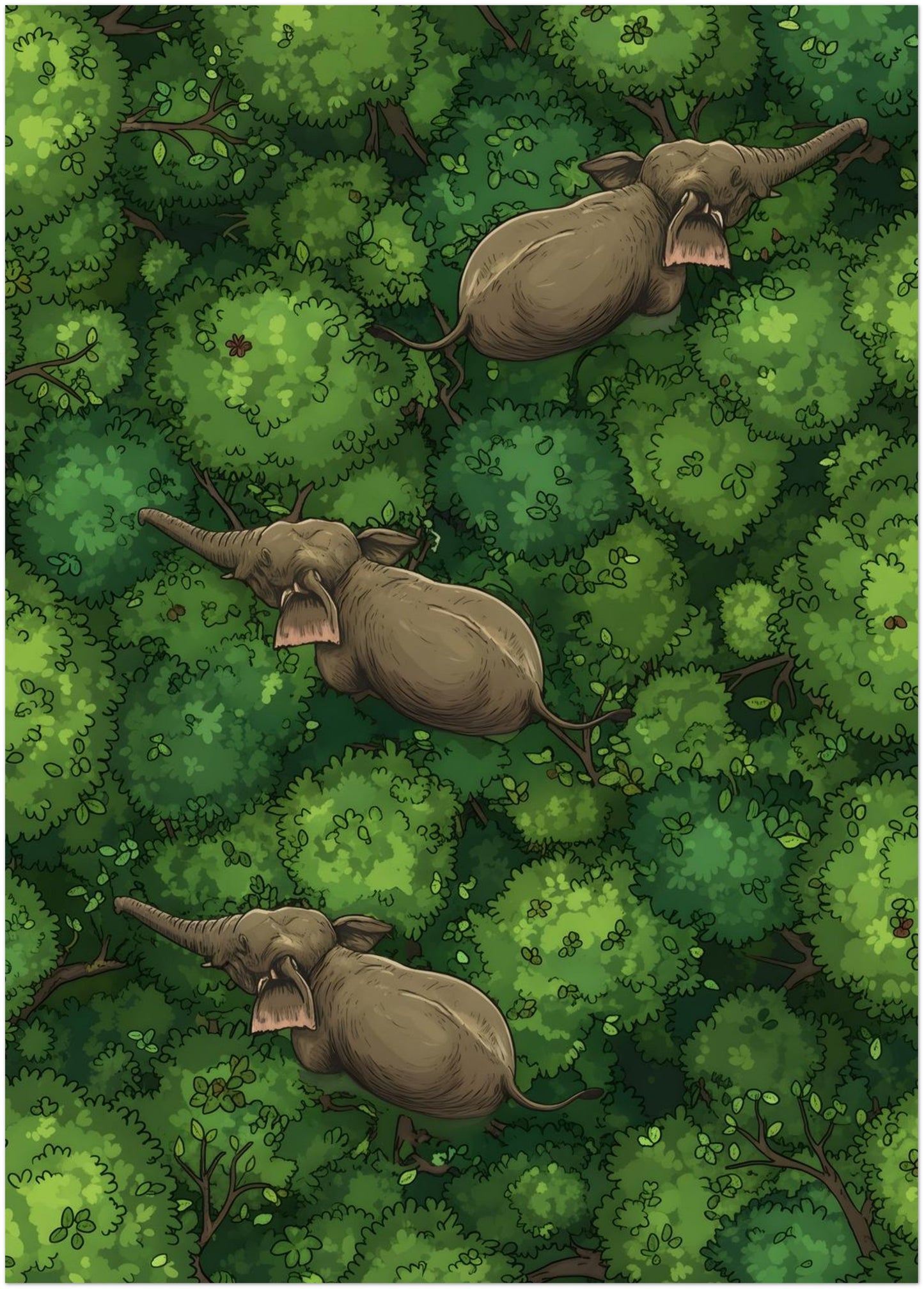 20x28 inch unframed elephant wildlife jungle poster print with three elephants walking through lush green treetops from a top-down view. The artwork combines detailed canopy texture, soft natural colours and a peaceful sense of movement across the forest. Designed for searches around elephant wall art, jungle animal art, wildlife illustration and green nature wall decor.