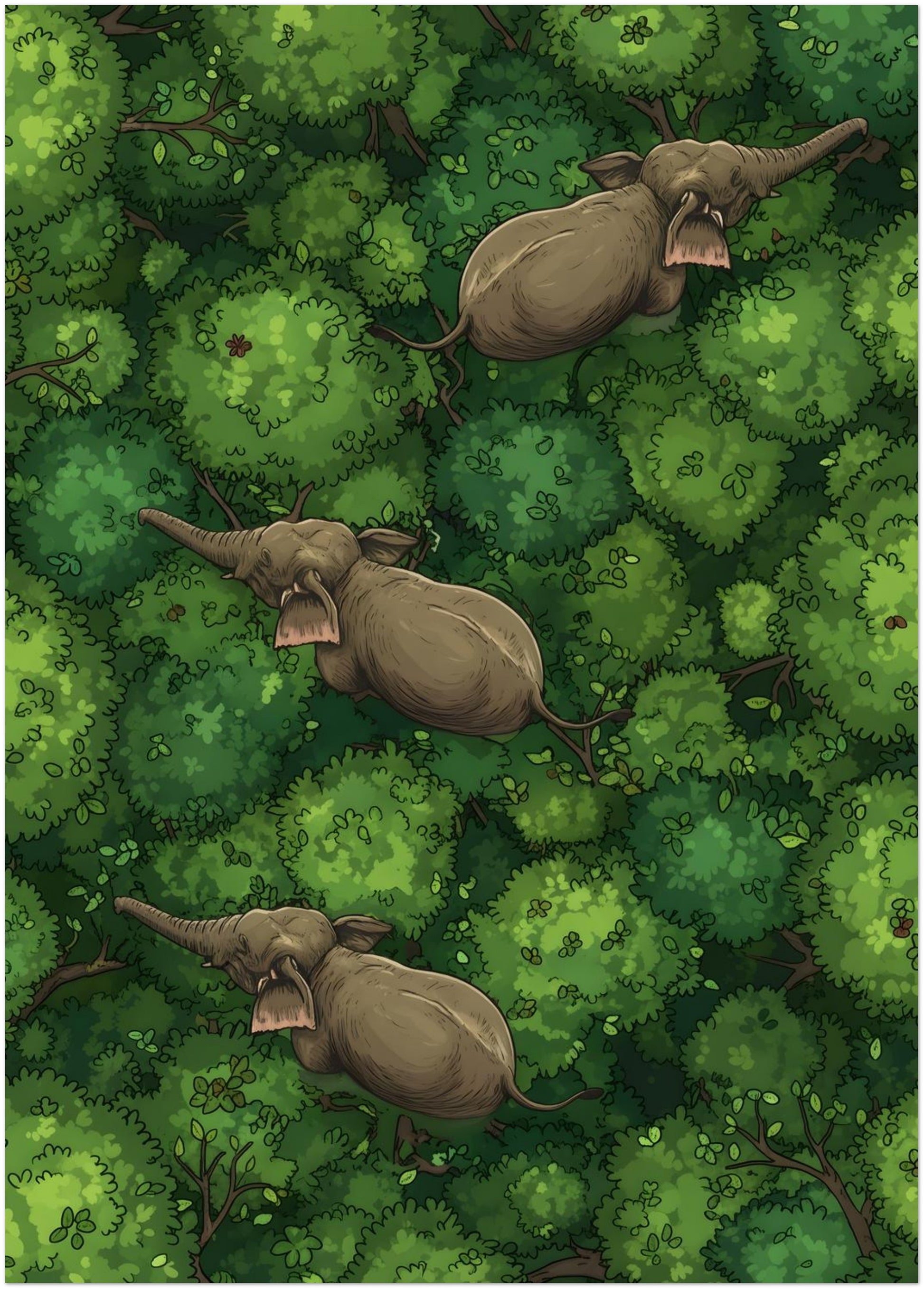20x28 inch unframed elephant wildlife jungle poster print with three elephants walking through lush green treetops from a top-down view. The artwork combines detailed canopy texture, soft natural colours and a peaceful sense of movement across the forest. Designed for searches around elephant wall art, jungle animal art, wildlife illustration and green nature wall decor.