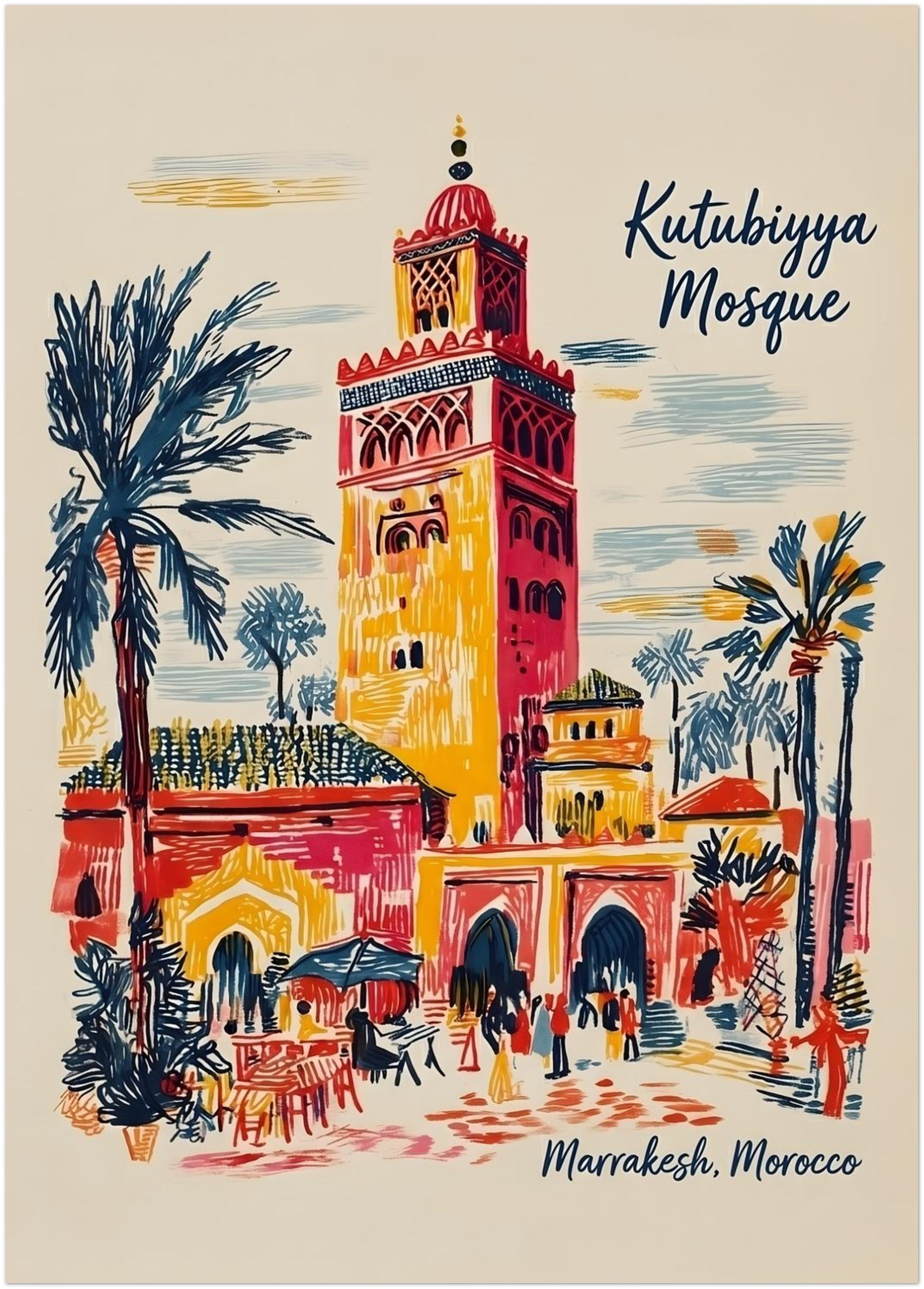 20x28 inch unframed Kutubiyya Mosque print showing a colourful Marrakech street view centred around the famous mosque tower. Palm trees, arches, outdoor seating and small figures add movement and place detail, while the sketch-style red, yellow, blue and cream lines keep the look artistic and relaxed. A larger Moroccan architecture print size made for standout wall decor in open interior spaces.