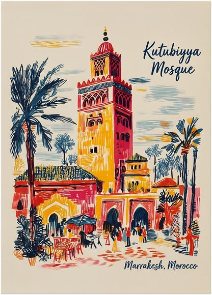 20x28 inch unframed Kutubiyya Mosque print showing a colourful Marrakech street view centred around the famous mosque tower. Palm trees, arches, outdoor seating and small figures add movement and place detail, while the sketch-style red, yellow, blue and cream lines keep the look artistic and relaxed. A larger Moroccan architecture print size made for standout wall decor in open interior spaces.