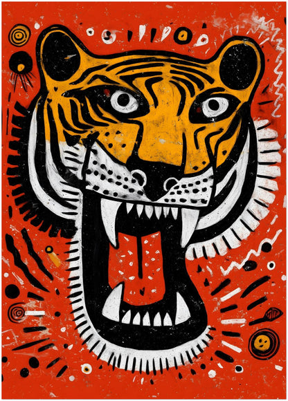 20x28 inch unframed Roaring Malayan Tiger wall art print featuring a striking tiger head on a saturated orange field. The open mouth, white fangs and graphic black striping create strong contrast. Tribal-style dotted accents enhance the modern folk aesthetic of this Malaysian national animal poster.