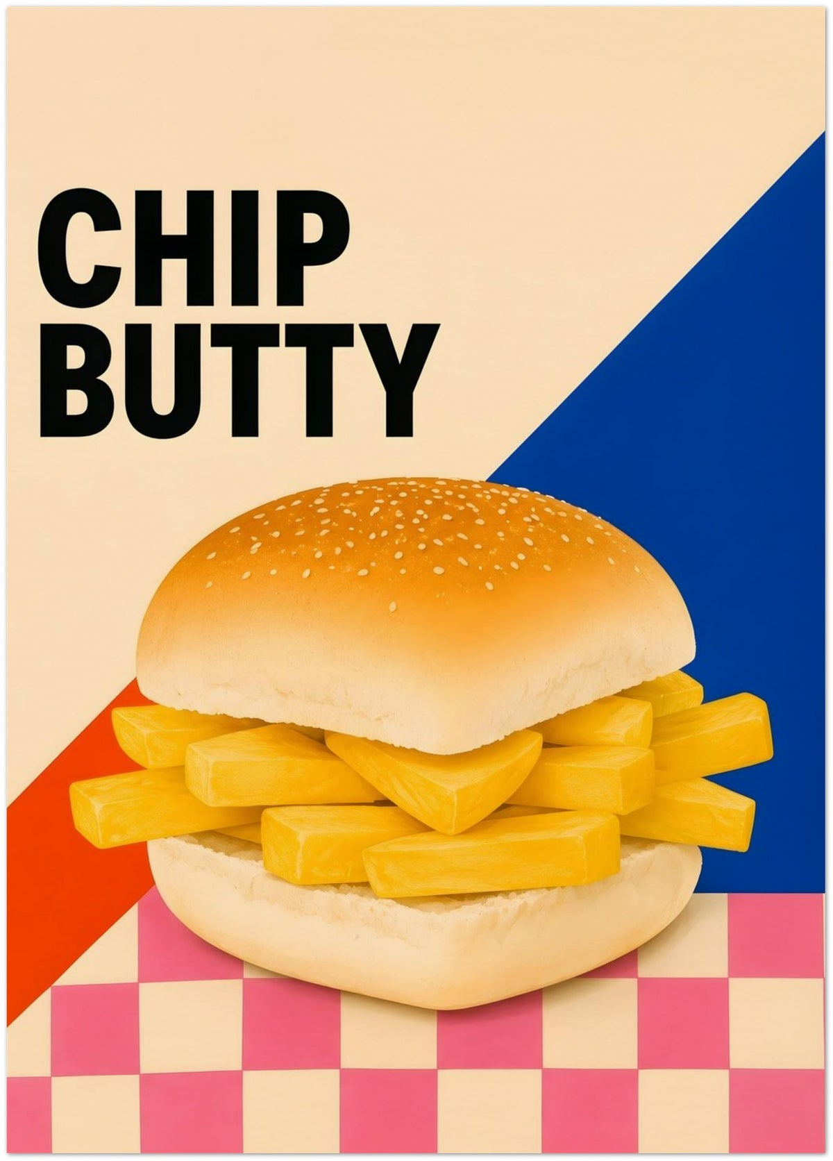 Chip Butty Print British Food Pop Art Poster Classic Uk Comfort Food Wall Art Northern Food Print Colourful Kitchen Artwork Foodie Gif displayed on Archival Paper (250 GSM) 50x70 cm / 20x28″