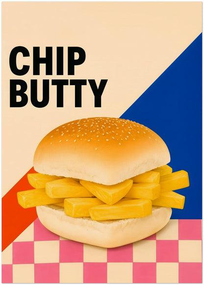 Chip Butty Print British Food Pop Art Poster Classic Uk Comfort Food Wall Art Northern Food Print Colourful Kitchen Artwork Foodie Gif displayed on Archival Paper (250 GSM) 50x70 cm / 20x28″