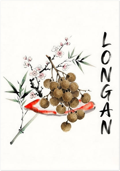 Large 28x40 inch Thailand longan watercolour wall print showing brown Asian fruit, bamboo leaves, blossom details and vertical black brush lettering on a white background. A minimalist Southeast Asia inspired poster for kitchens, dining spaces, cafés, restaurants and statement wall decor.