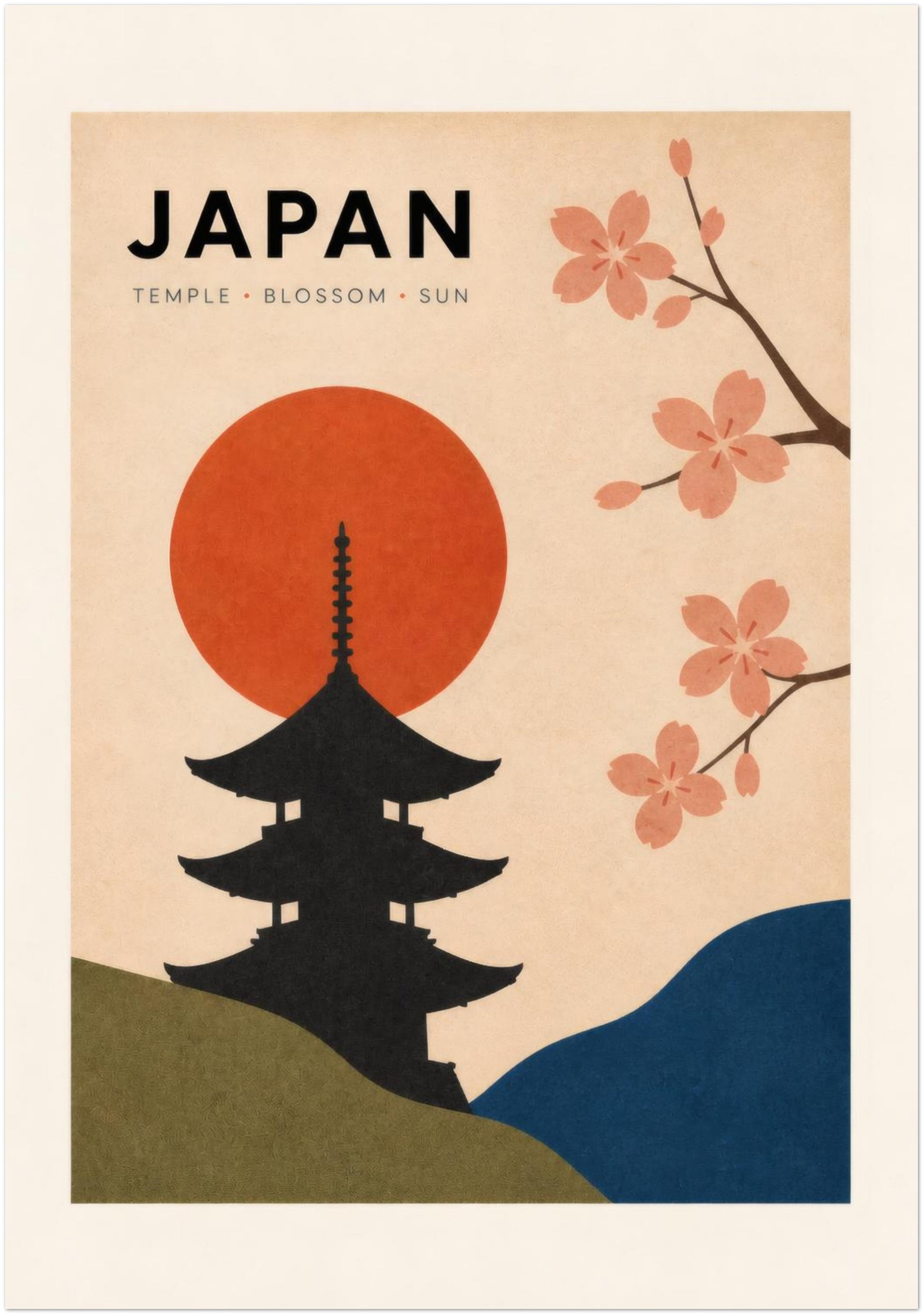 Large unframed 28 x 40 inch Japan travel poster showing a black pagoda temple against a vivid red sun. Pink cherry blossoms reach across the cream background, with curved olive green and dark blue hills below. This oversized vintage Japanese wall art creates a bold focal point above a sofa, bed, desk or sideboard.
