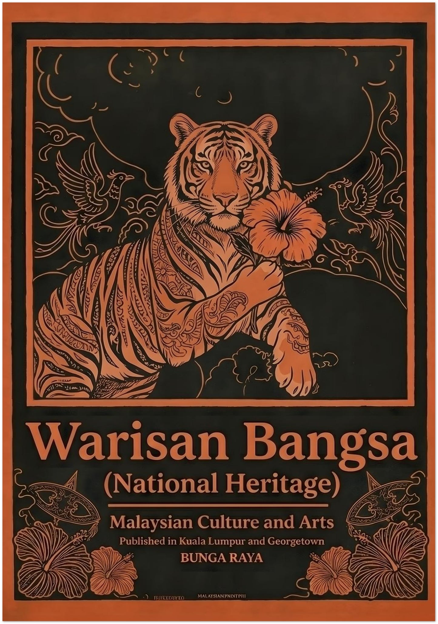 28x40 large unframed Malaysia poster Warisan Bangsa National Heritage featuring a stylised tiger holding a hibiscus flower with surrounding birds and floral decorative motifs. Orange line illustration on a dark background forms a bold vintage Malaysian culture wall art design inspired by traditional decorative illustration and national heritage symbols.