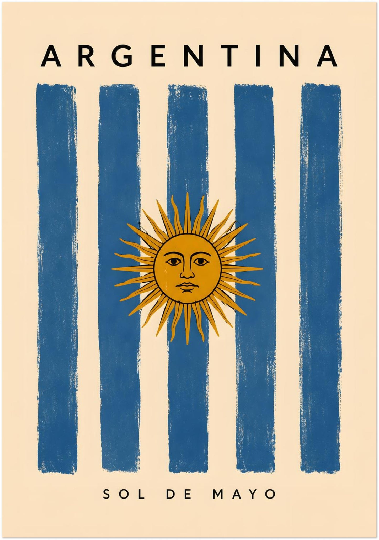 Large 28 x 40 inch unframed Argentina poster featuring blue and cream national flag stripes with the golden Sun of May as the main focal point. Argentina is printed along the upper edge, while Sol de Mayo appears beneath the striped design. The oversized vertical format and vintage texture create statement Argentine travel wall art.