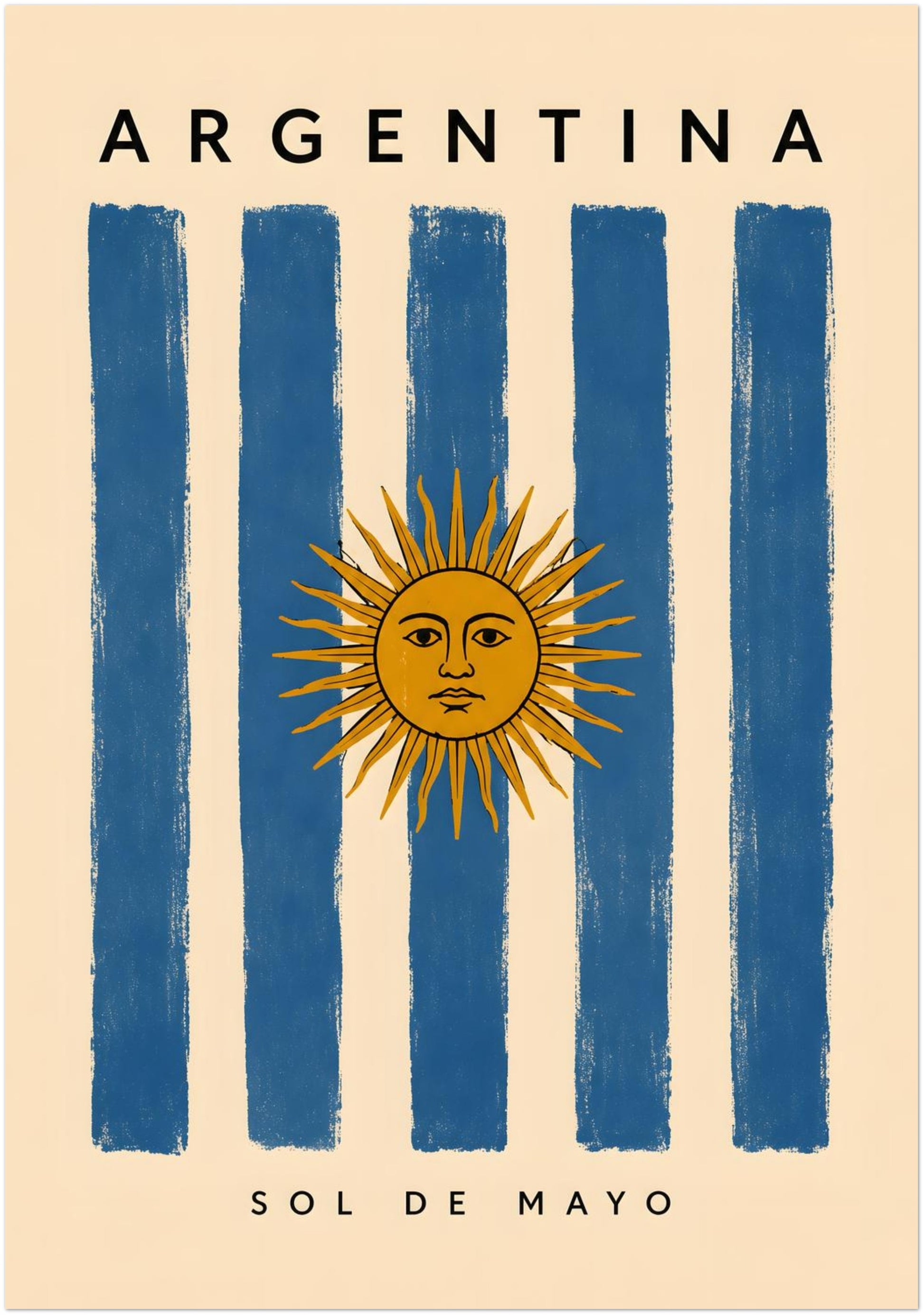 Large 28 x 40 inch unframed Argentina poster featuring blue and cream national flag stripes with the golden Sun of May as the main focal point. Argentina is printed along the upper edge, while Sol de Mayo appears beneath the striped design. The oversized vertical format and vintage texture create statement Argentine travel wall art.