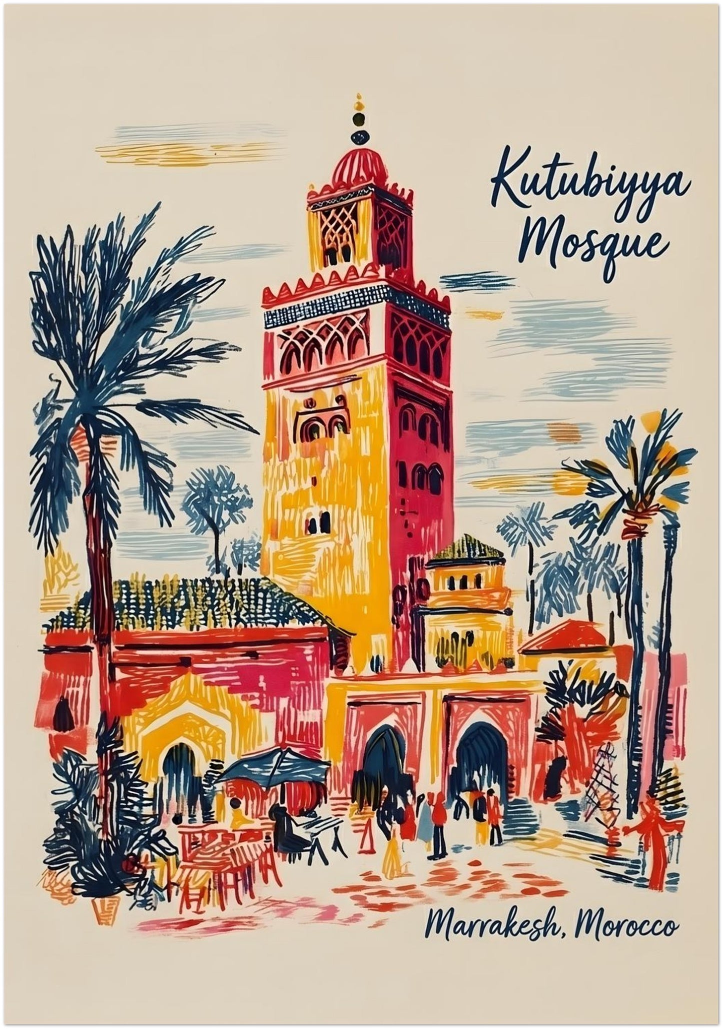 28x40 inch unframed Kutubiyya Mosque print in a large-format vertical size, showing a colourful Marrakech scene with the mosque tower, palm trees, arches and lively street details. The artwork uses bold red, yellow, blue and cream sketch lines for a strong travel poster look. Ideal for large wall spaces needing Morocco wall art with scale, clear architectural focus and a bright decorative finish.