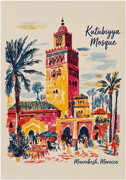 28x40 inch unframed Kutubiyya Mosque print in a large-format vertical size, showing a colourful Marrakech scene with the mosque tower, palm trees, arches and lively street details. The artwork uses bold red, yellow, blue and cream sketch lines for a strong travel poster look. Ideal for large wall spaces needing Morocco wall art with scale, clear architectural focus and a bright decorative finish.
