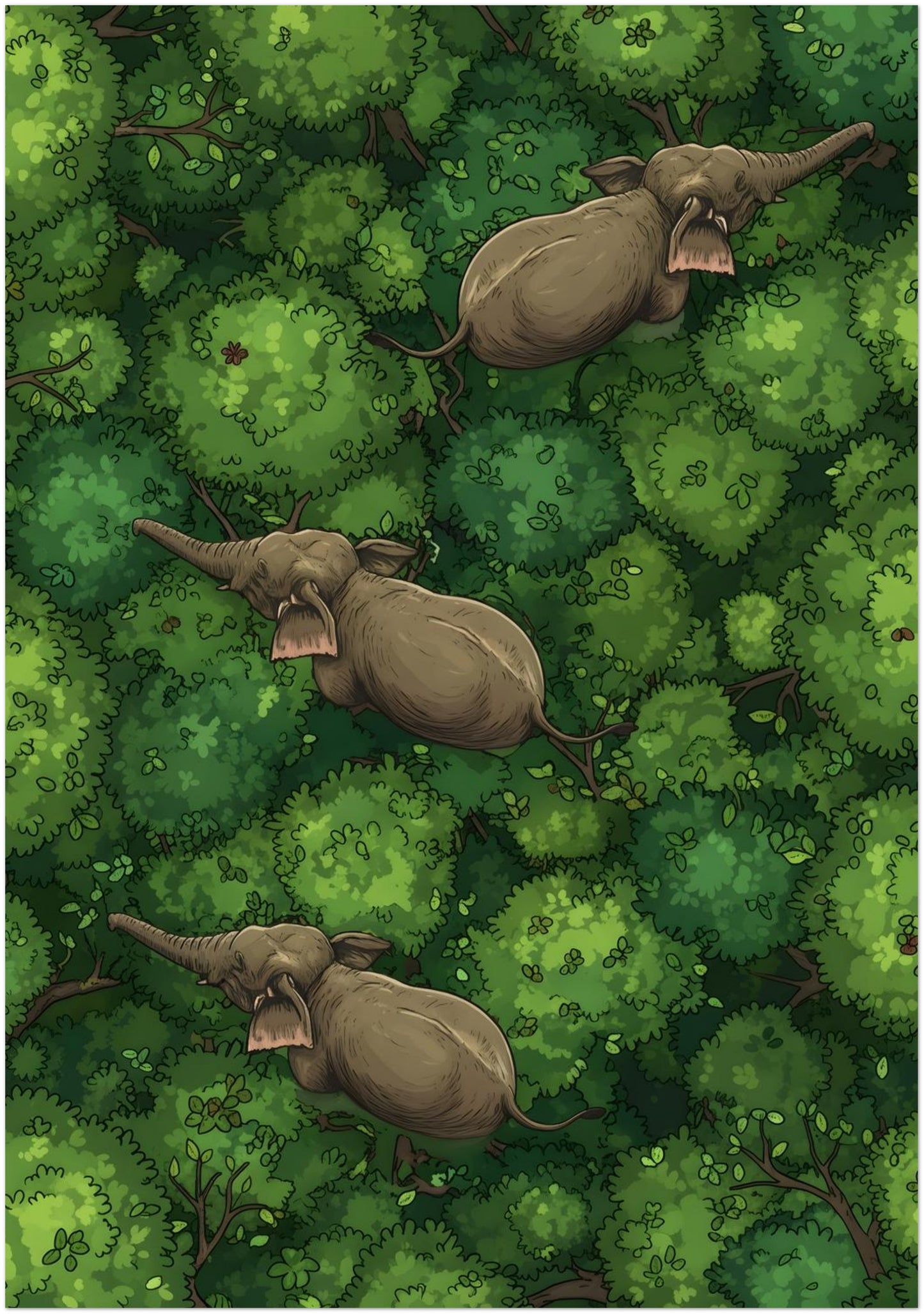Large 28x40 inch unframed elephant jungle wall art featuring three elephants crossing dense green canopy in a vertical overhead composition. The expanded size gives the leafy forest detail and diagonal animal placement more visual impact, making it well suited to statement walls. A bold option for elephant wall decor, wildlife poster, jungle wall art and tropical nature interiors.