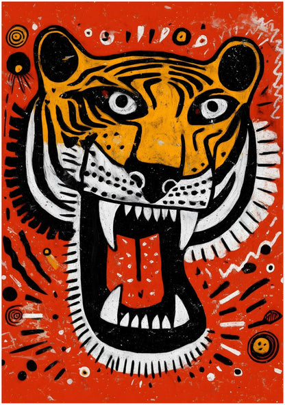 28x40 inch unframed Malayan Tiger poster with a vivid orange background and aggressive tiger illustration. The design highlights sharp white teeth, red tongue and bold black and white stripes surrounded by circular tribal motifs. A contemporary big cat wall art print suited for modern living rooms or studios.