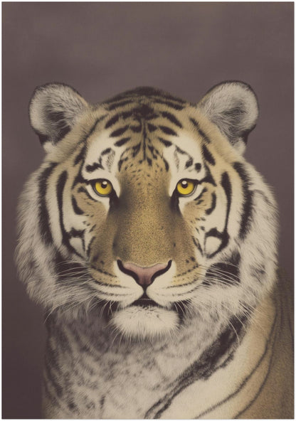28x40 inch unframed Malayan tiger portrait print with centred composition and strong visual impact. Detailed fur texture, bold black stripes and muted brown tones create a timeless wildlife wall art piece. Ideal for feature walls in living rooms, offices or contemporary interiors.