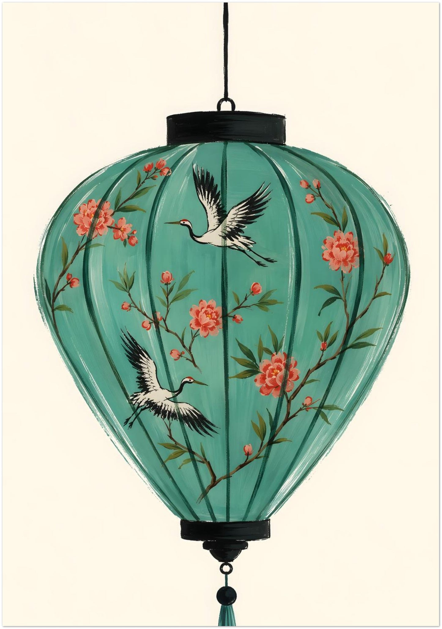 28x40 inch Vietnamese Hoi An art print featuring a turquoise hanging lantern decorated with coral flowers, green branches and two flying cranes.