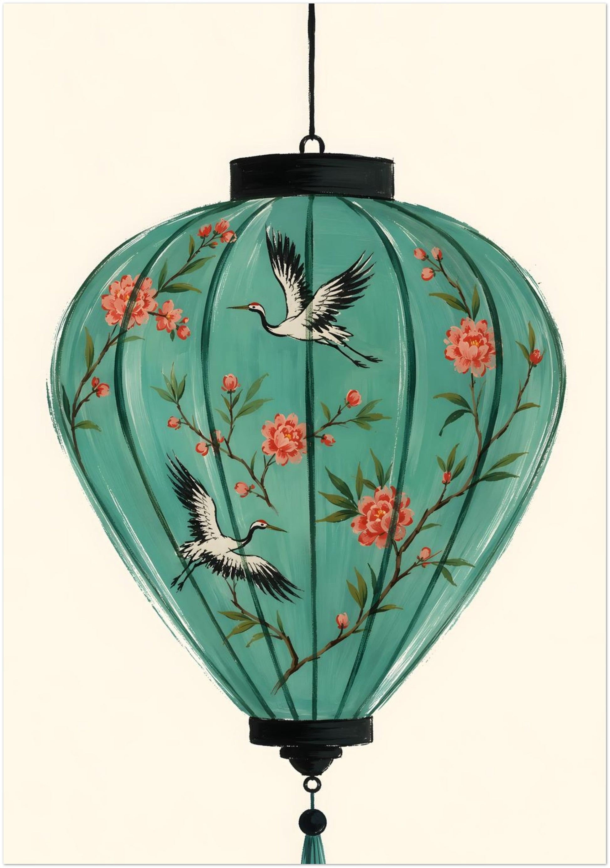28x40 inch Vietnamese Hoi An art print featuring a turquoise hanging lantern decorated with coral flowers, green branches and two flying cranes.