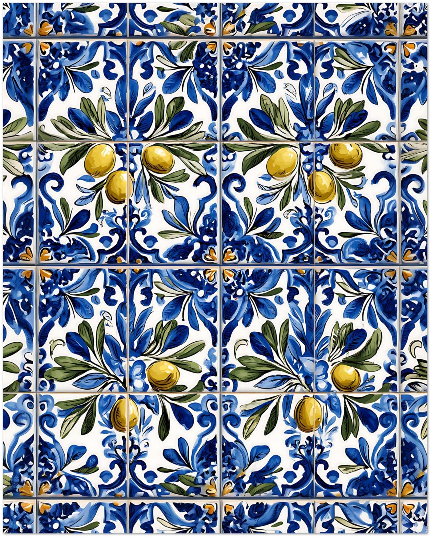 Portuguese Blue Floral Tile Art Print With Olives displayed on Premium Paper (170 GSM) 20x25 cm / 8x10″