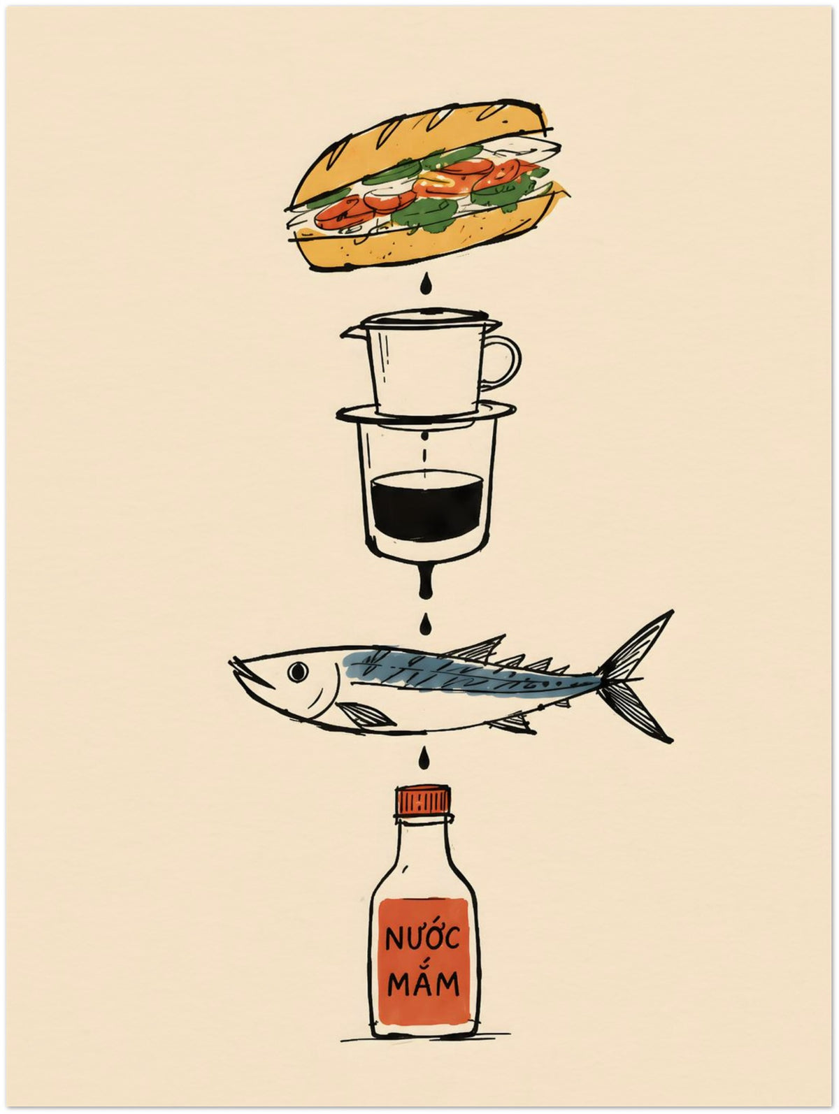 Vietnamese Food Staples Illustrated Poster displayed on Archival Paper (250 GSM) 30x40 cm / 12x16″