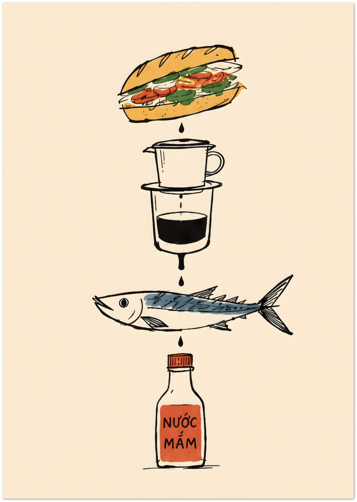 Vietnamese Food Staples Illustrated Poster displayed on Premium Paper (170 GSM) A3 (29.7 x 42  cm)