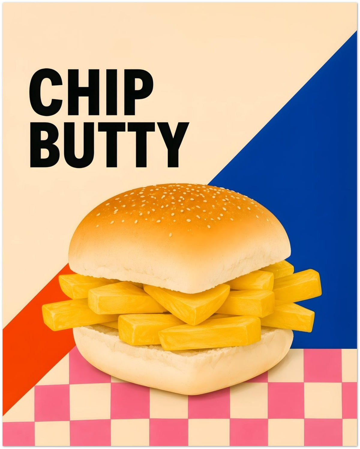 Chip Butty Print British Food Pop Art Poster Classic Uk Comfort Food Wall Art Northern Food Print Colourful Kitchen Artwork Foodie Gif displayed on Premium Paper (170 GSM) 20x25 cm / 8x10″