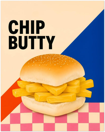 Chip Butty Print British Food Pop Art Poster Classic Uk Comfort Food Wall Art Northern Food Print Colourful Kitchen Artwork Foodie Gif displayed on Premium Paper (170 GSM) 20x25 cm / 8x10″