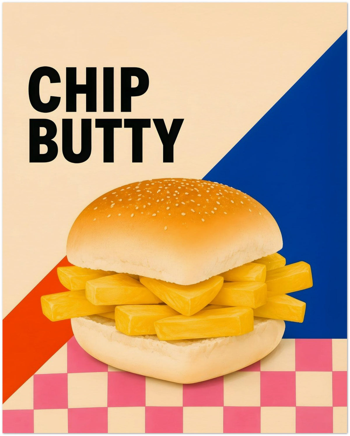Chip Butty Print British Food Pop Art Poster Classic Uk Comfort Food Wall Art Northern Food Print Colourful Kitchen Artwork Foodie Gif displayed on Archival Paper (250 GSM) 20x25 cm / 8x10″