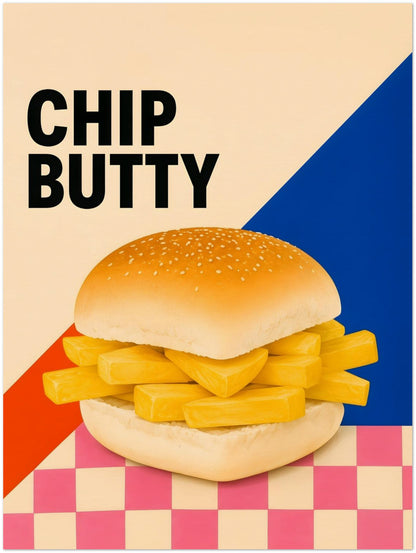Chip Butty Print British Food Pop Art Poster Classic Uk Comfort Food Wall Art Northern Food Print Colourful Kitchen Artwork Foodie Gif displayed on Archival Paper (250 GSM) 45x60 cm / 18x24″
