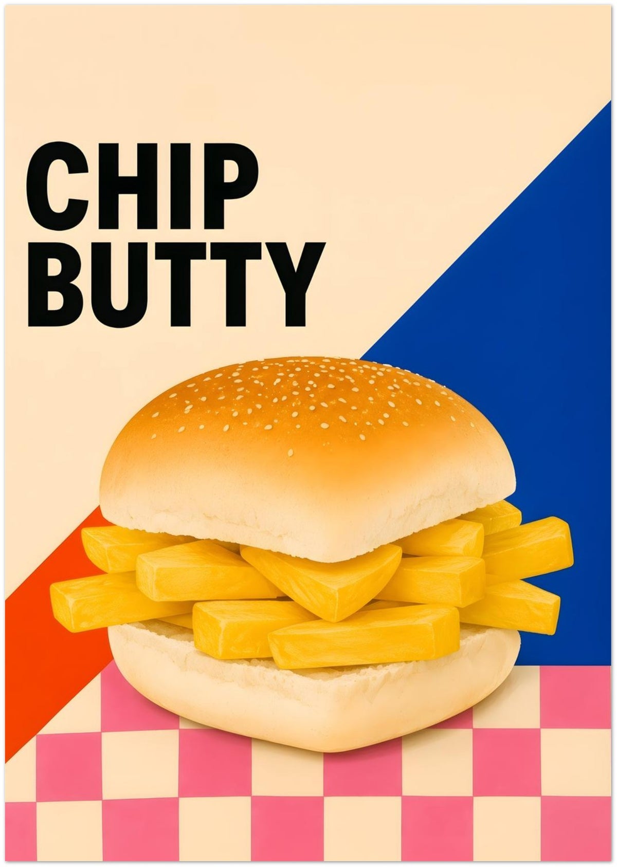 Chip Butty Print British Food Pop Art Poster Classic Uk Comfort Food Wall Art Northern Food Print Colourful Kitchen Artwork Foodie Gif displayed on Premium Paper (170 GSM) A0 (84.1 x 118.9  cm)