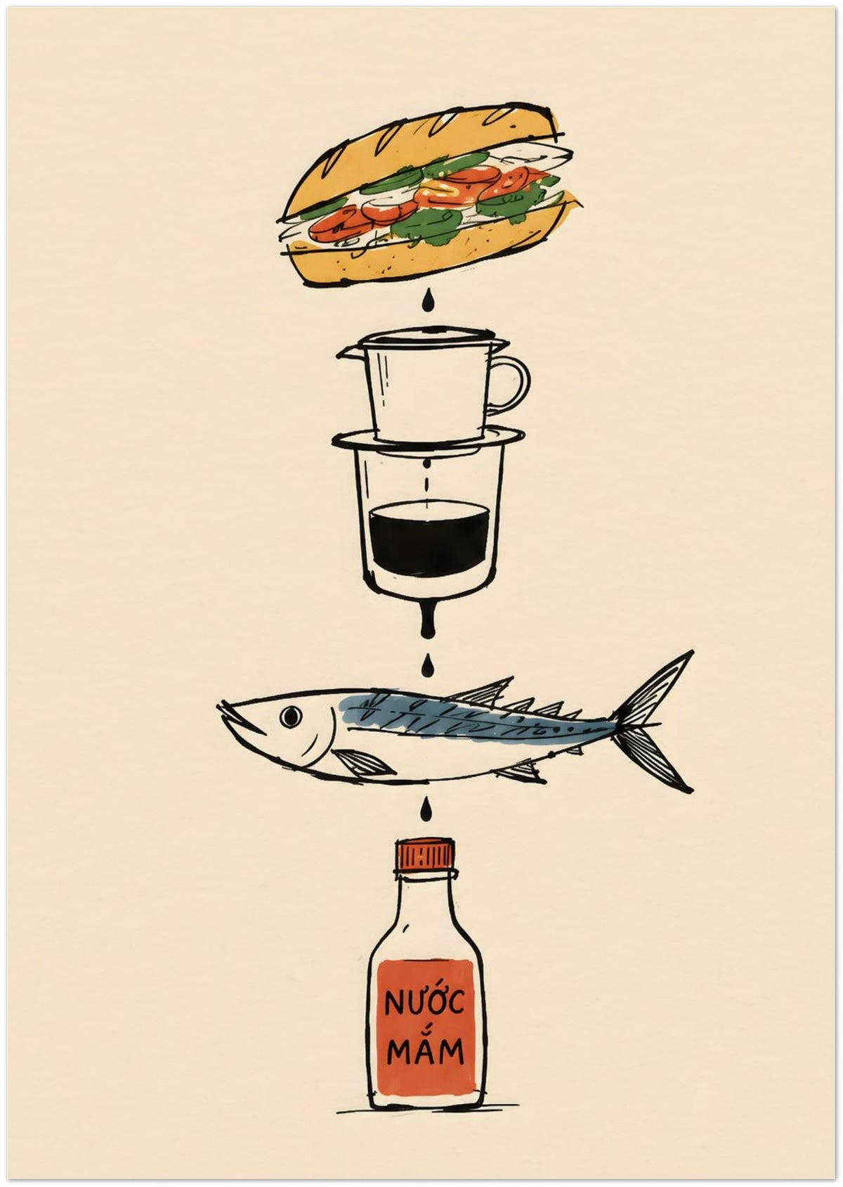 Vietnamese Food Staples Illustrated Poster displayed on Archival Paper (250 GSM) 21x29.7 cm / 8x12"