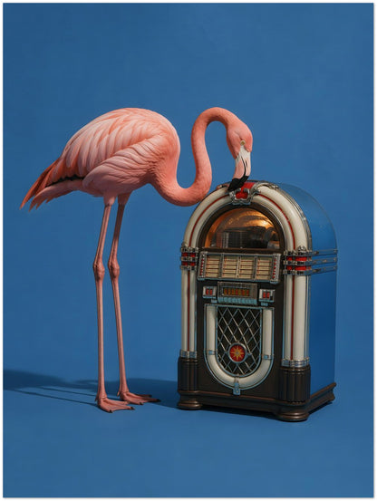 Pink Flamingo Jukebox Art Print displayed on Archival Paper (250 GSM) 30x40 cm / 12x16″