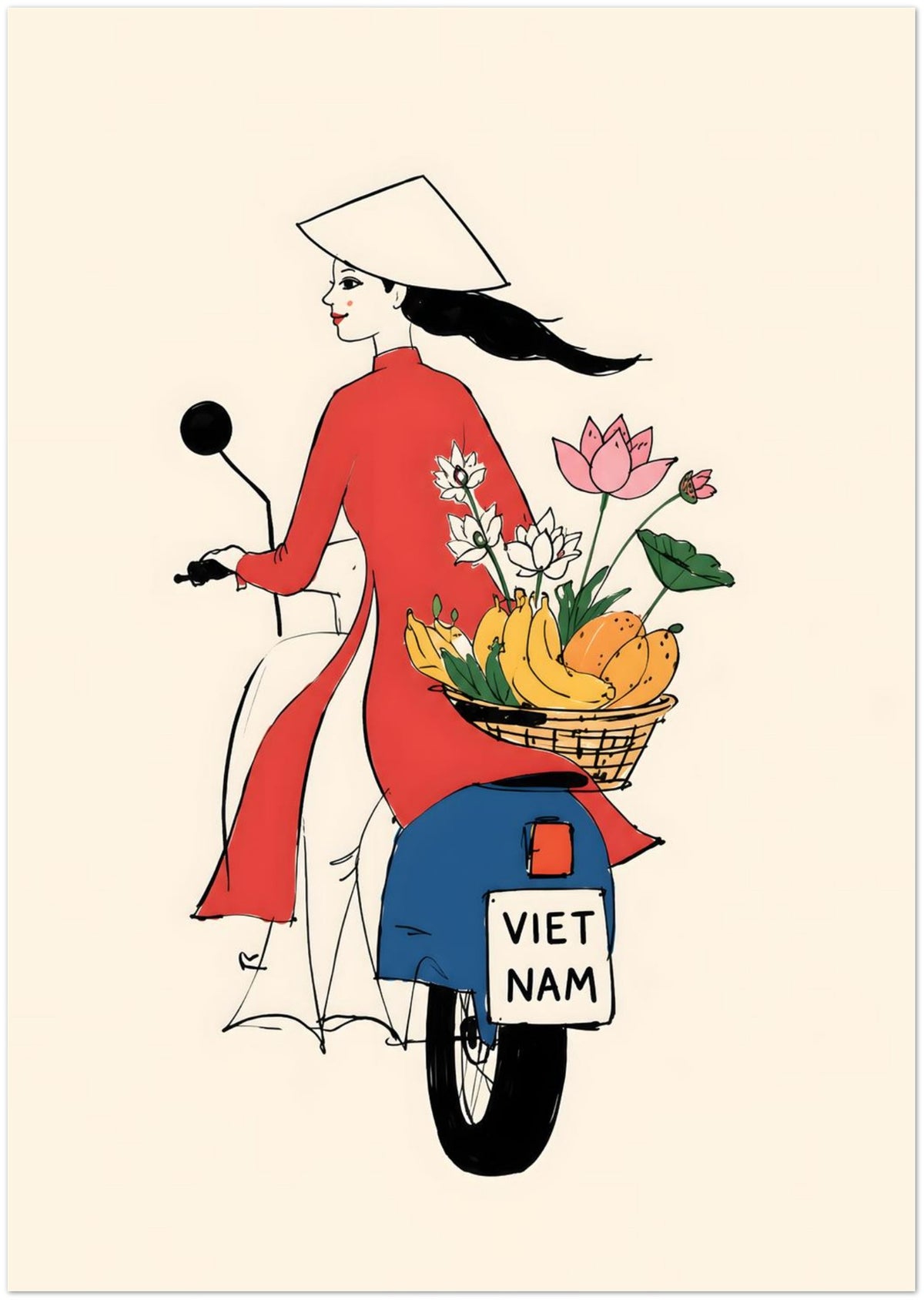 Vietnamese Woman On Motorbike Art Print displayed on Premium Paper (170 GSM) 21x29.7 cm / 8x12"