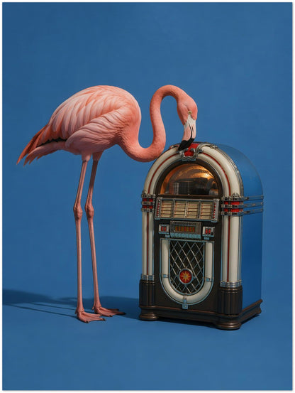 Pink Flamingo Jukebox Art Print displayed on Archival Paper (250 GSM) 45x60 cm / 18x24″