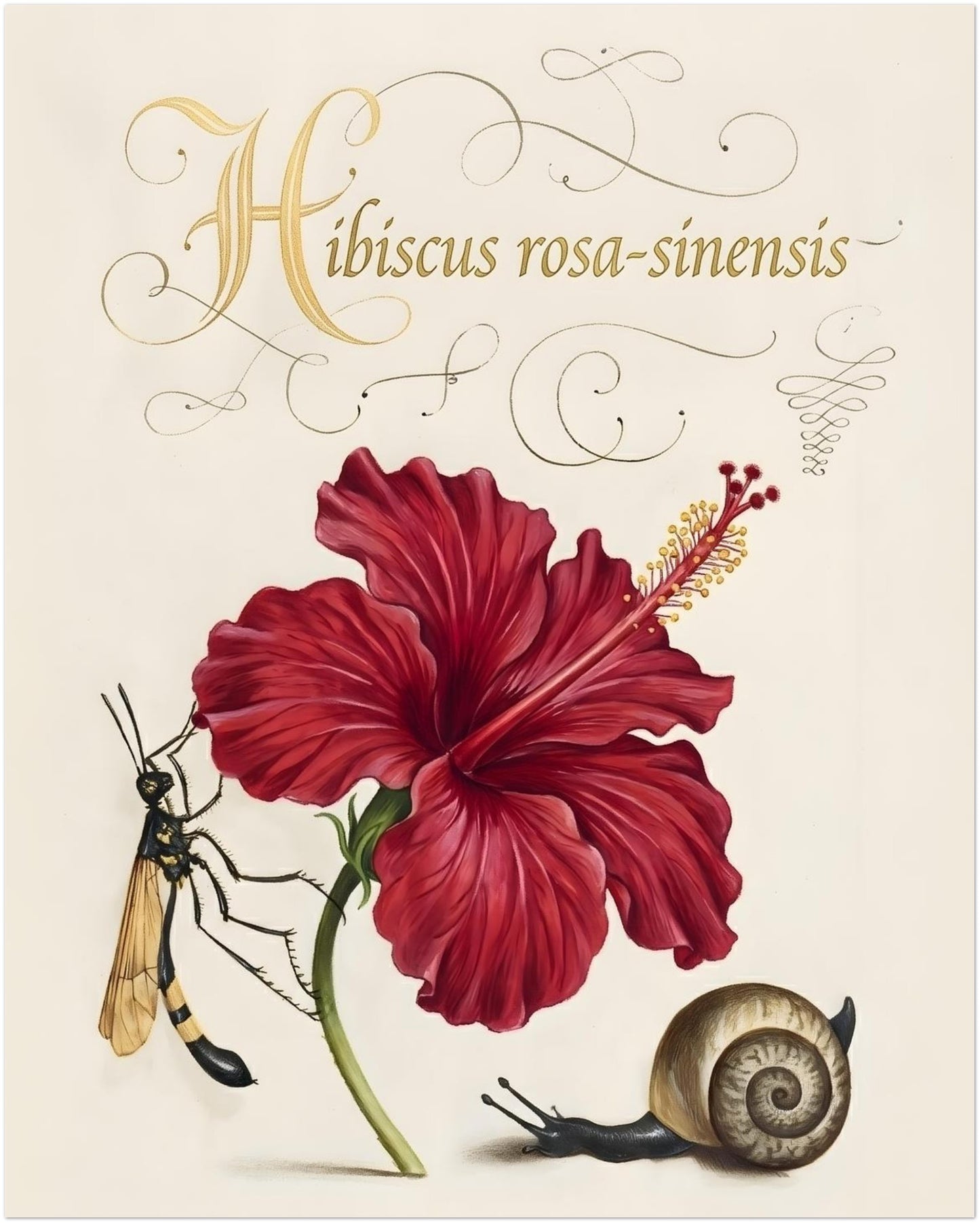 8x10 inch unframed hibiscus botanical print featuring a red hibiscus flower with soft shading and structured petals. The artwork includes Hibiscus rosa-sinensis in decorative lettering, along with a small wasp and snail. Botanical hibiscus illustration inspired by vintage plant studies, set on a cream background with a balanced scientific composition.