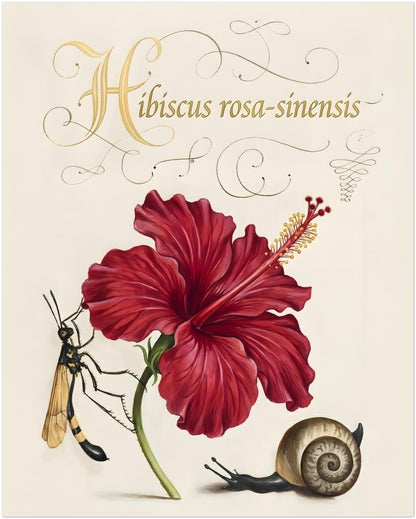 8x10 inch unframed hibiscus botanical print featuring a red hibiscus flower with soft shading and structured petals. The artwork includes Hibiscus rosa-sinensis in decorative lettering, along with a small wasp and snail. Botanical hibiscus illustration inspired by vintage plant studies, set on a cream background with a balanced scientific composition.
