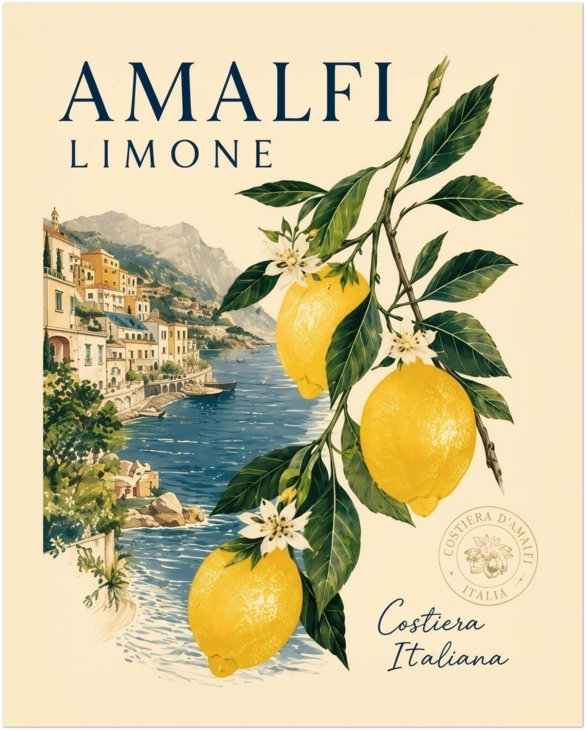 8x10 inch unframed Amalfi Coast lemon poster with yellow citrus fruit, green leaves, white flowers, blue sea and an Italian coastal village. A Mediterranean travel print with a cream background, made for summer kitchen decor, dining rooms and bright gallery walls.