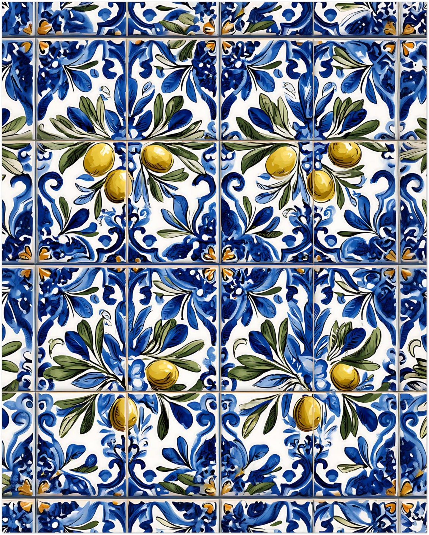 8 x 10 inch unframed Portuguese azulejo art print showing a detailed blue and white tile pattern with olive-green leaves and decorative floral shapes.