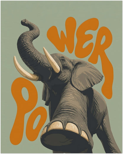 8x10 unframed elephant poster featuring a grey elephant with raised trunk, large tusks and detailed skin texture on a soft green background with bold orange retro lettering. A colourful safari animal print for kids’ rooms, bedrooms, offices, hallways or playful wildlife wall art styling.