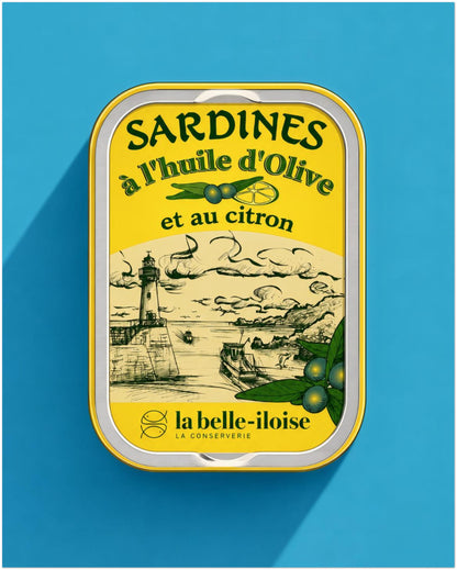 8 x 10 inch unframed French sardine tin pop art print showing yellow vintage food packaging on a turquoise blue background, with French lettering, olives, lemon and a coastal illustration.