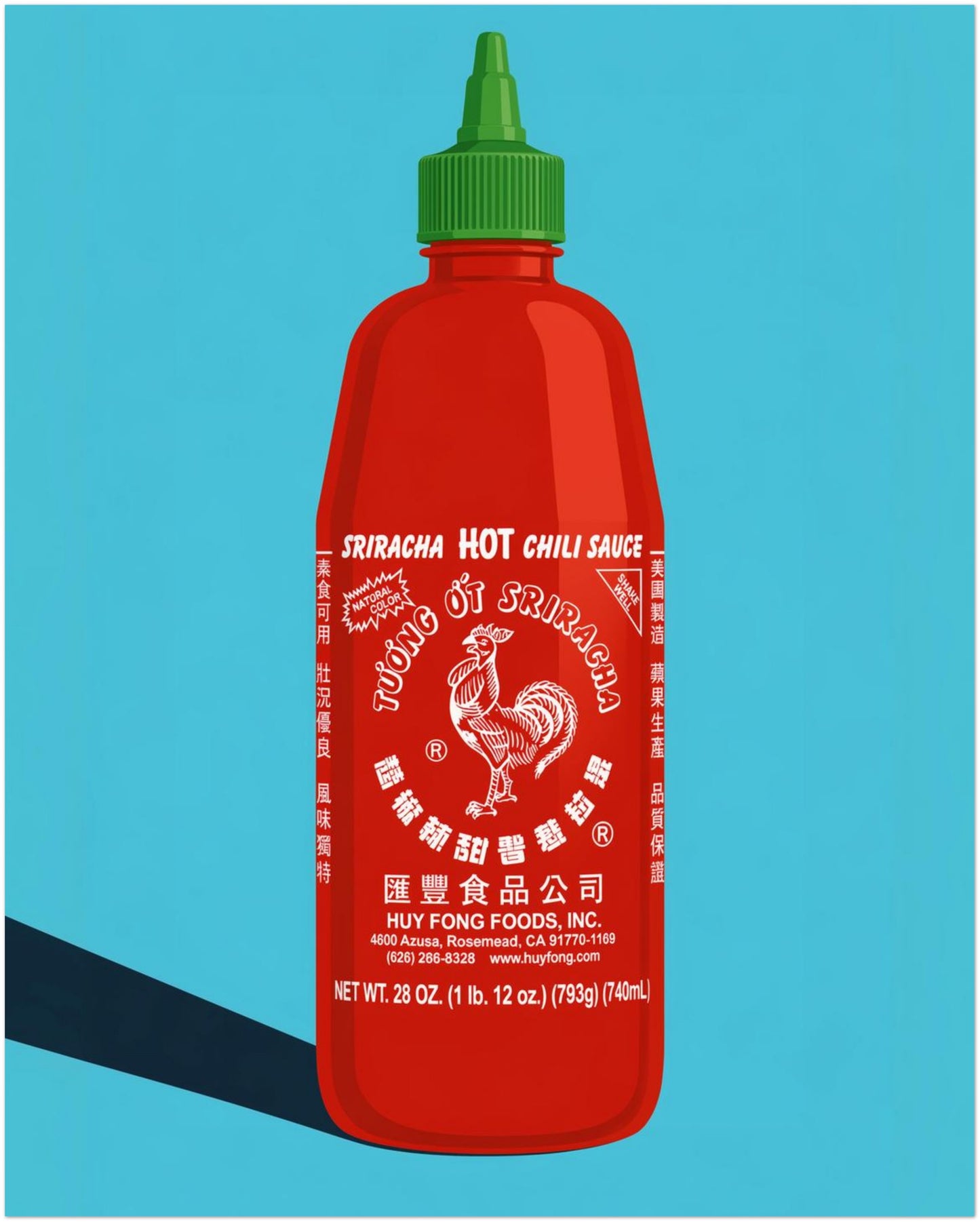 8x10 inch unframed sriracha poster featuring a bold red hot sauce bottle with green cap, white rooster label, bright blue background and graphic black shadow. A colourful pop art food print for kitchen wall art, cafe decor, restaurant walls, dining rooms or foodie gift styling.