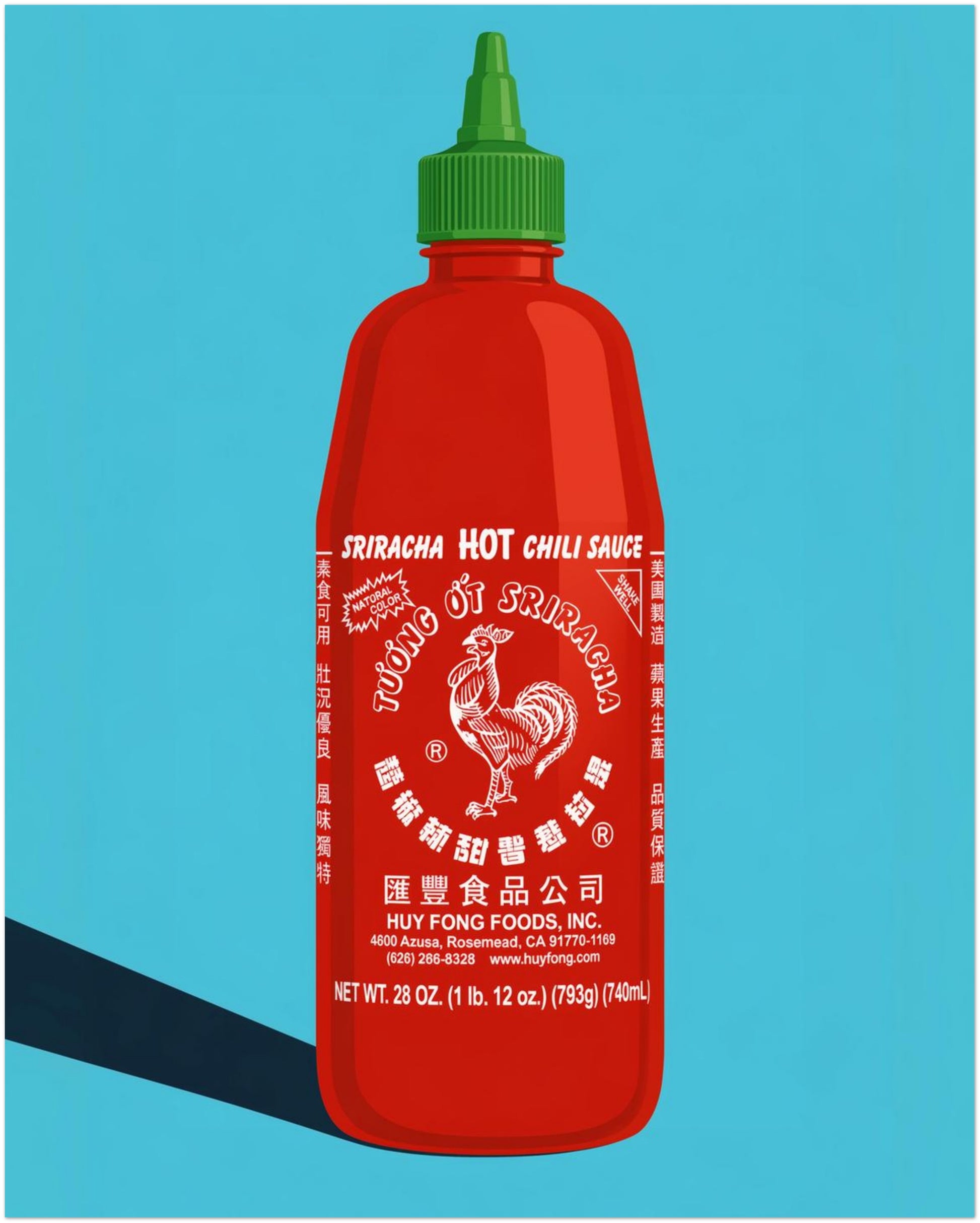 8x10 inch unframed sriracha poster featuring a bold red hot sauce bottle with green cap, white rooster label, bright blue background and graphic black shadow. A colourful pop art food print for kitchen wall art, cafe decor, restaurant walls, dining rooms or foodie gift styling.