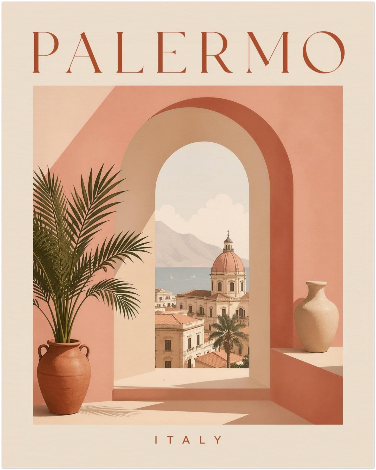 Unframed 8 x 10 inch Palermo Italy travel poster in soft peach, terracotta and cream tones. The artwork features PALERMO lettering above a large Mediterranean arch, a potted palm and a sunlit Sicilian city view, with ITALY printed below. A compact pastel wall print for kitchens, bedrooms, hallways and gallery walls.