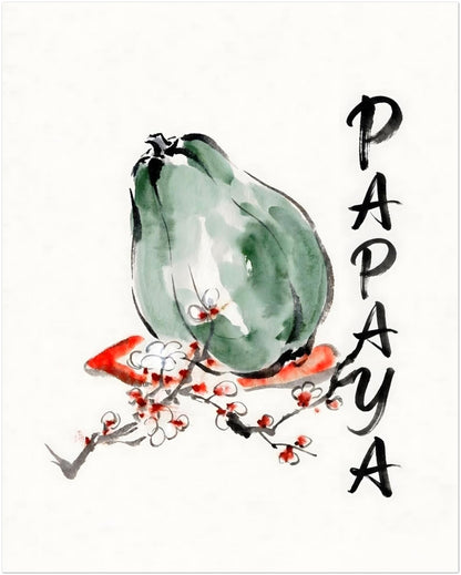 8x10 inch unframed papaya print displayed as a clean product image against a simple light background. The artwork shows a green papaya in loose watercolour with black ink style outlines, red and white blossom details, and vertical PAPAYA text. Minimal fruit wall art for kitchen decor, dining spaces, tropical botanical styling and modern interiors that need a simple but distinctive papaya art print.