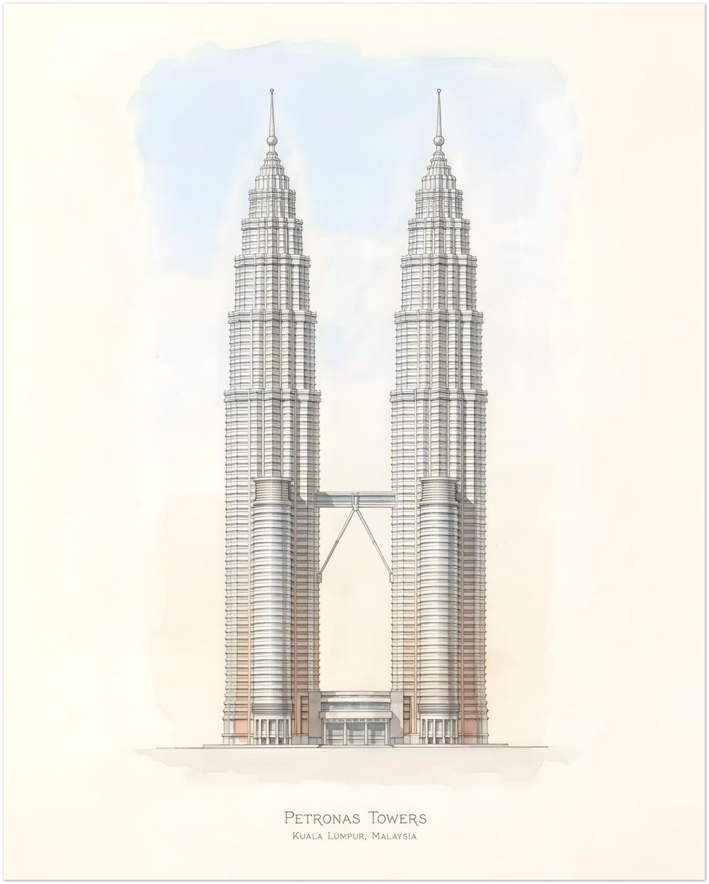 8x10 inch unframed Petronas Towers architectural poster featuring a symmetrical line illustration of the Kuala Lumpur Twin Towers and central sky bridge. The minimalist Malaysia skyline artwork uses neutral tones and precise structural lines, creating modern architecture wall art inspired by one of Malaysia’s most recognised city landmarks.