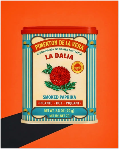 8x10 unframed Spanish Smoked Paprika Tin art print shown in a clean product view with a bold orange background. The design includes a red lid, blue striped edge, cream centre label, red flower and vintage-style Spanish wording inspired by classic spice packaging. A strong option for retro food artwork, Spanish kitchen decor, colourful wall art and paprika label print searches.