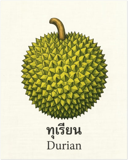 Unframed 8x10 Thai durian art print with a vintage botanical look on a soft cream background. The design shows a green spiky durian fruit with a curved brown stem above Thai script and the English word “Durian.” A clean retro fruit poster for kitchen wall decor, pantry styling, cafe art or a simple tropical food print with a calm minimalist feel.