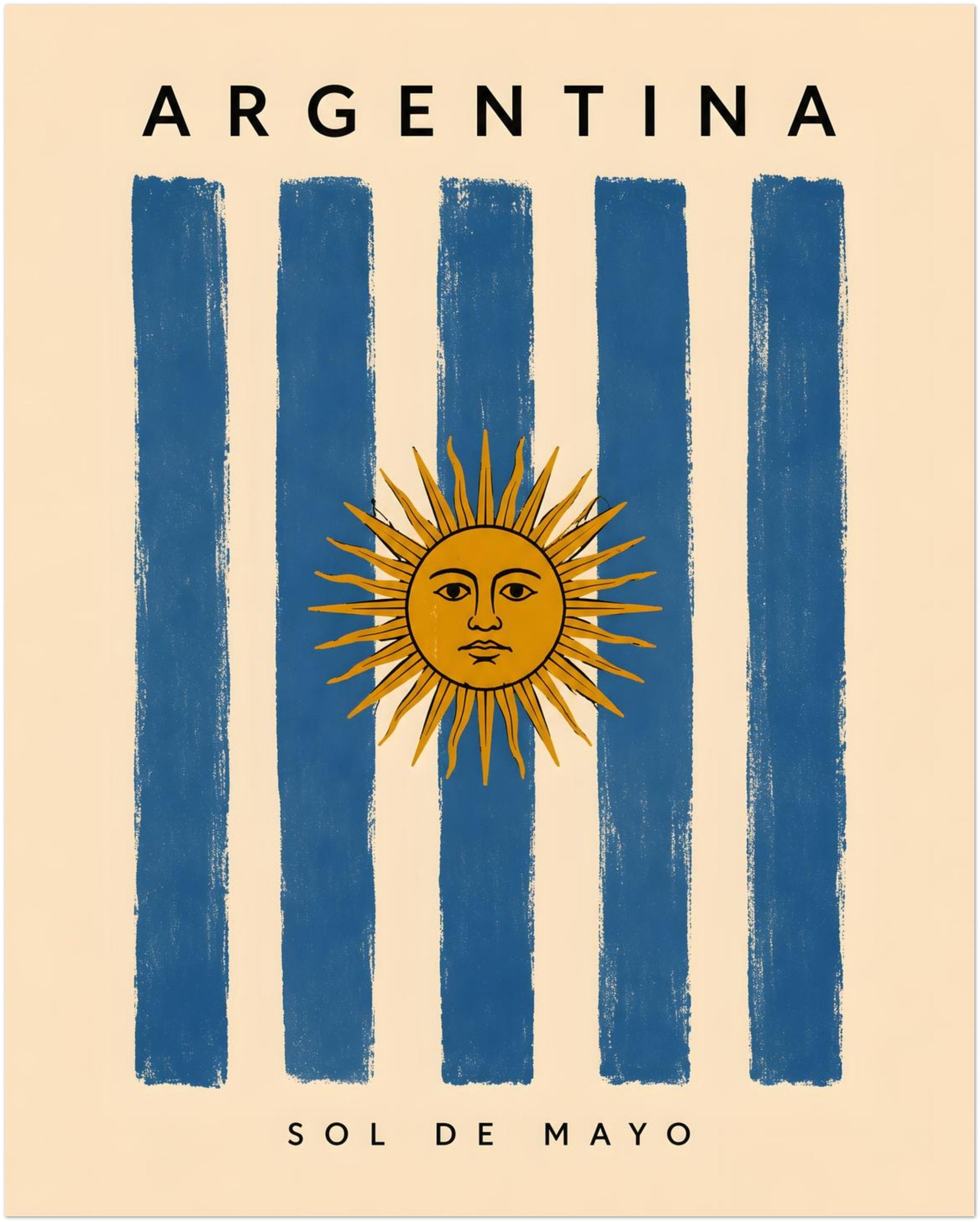 8 x 10 inch unframed Argentina poster featuring hand-painted blue and cream vertical flag stripes with the golden Sun of May centred across the design. Argentina is printed at the top and Sol de Mayo appears below. The warm cream background and lightly weathered finish give this Argentine travel wall art a vintage poster style.