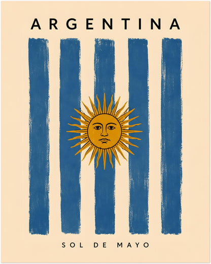 8 x 10 inch unframed Argentina poster featuring hand-painted blue and cream vertical flag stripes with the golden Sun of May centred across the design. Argentina is printed at the top and Sol de Mayo appears below. The warm cream background and lightly weathered finish give this Argentine travel wall art a vintage poster style.