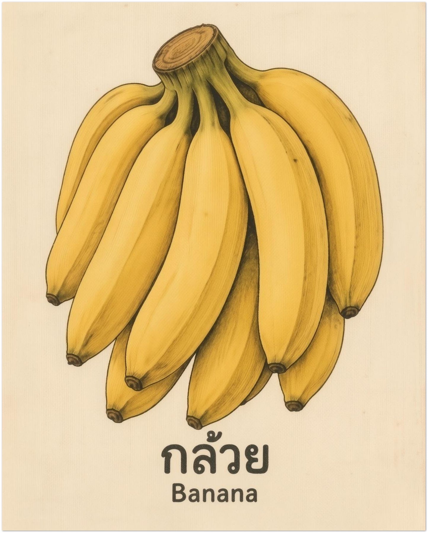 8x10 unframed vintage Thai banana wall art showing a bunch of yellow bananas on a soft aged cream background. Thai script appears above the English word Banana, giving the artwork a simple retro market print look. The portrait layout keeps the design clean and balanced, making it a good fit for kitchen wall art, pantry decor, tropical fruit poster displays, and botanical food print collections.