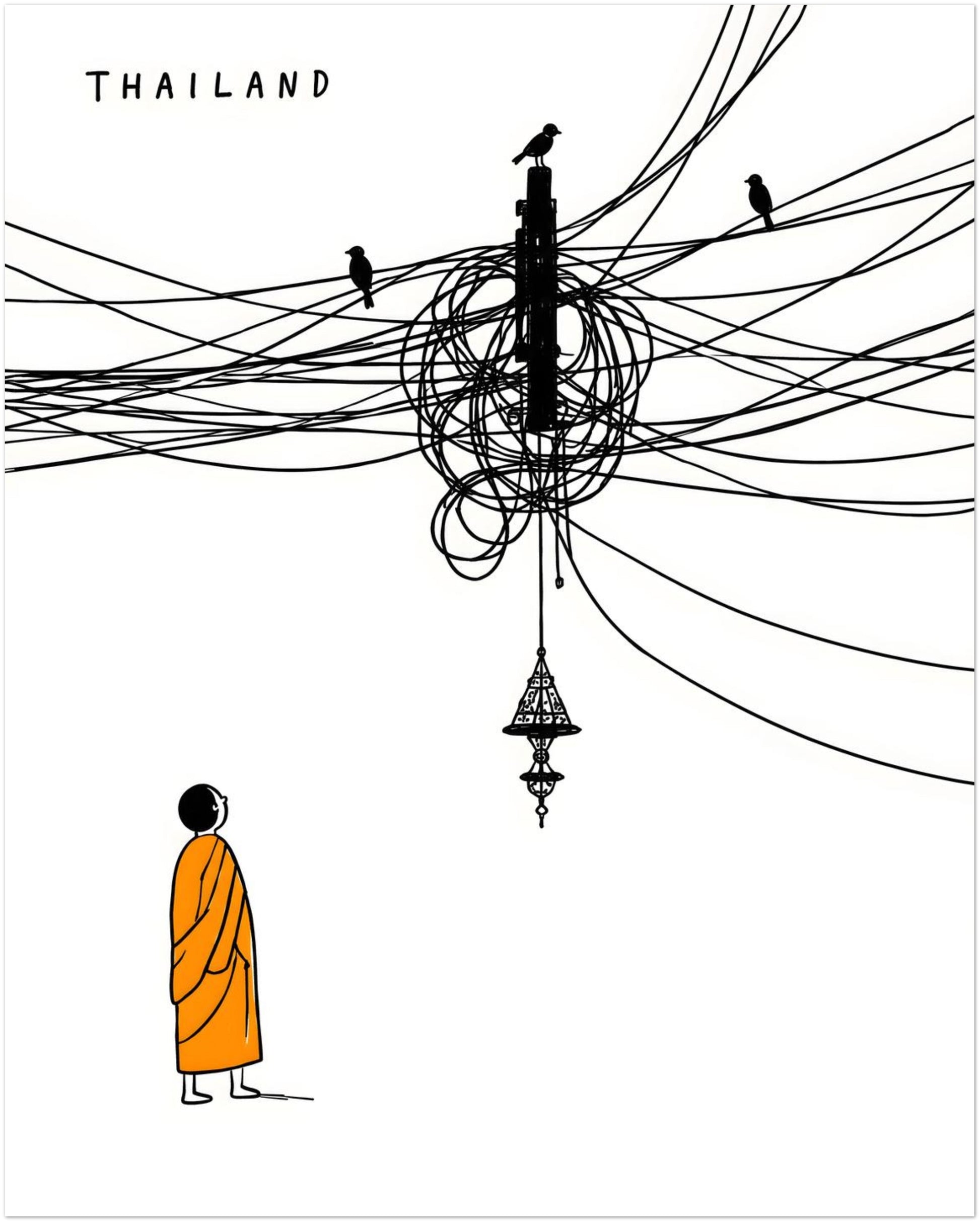8x10 Thailand cables poster showing a small Buddhist monk in an orange robe looking up at tangled black street wires, birds and a hanging Thai-style lamp. Minimal black and orange line art with lots of white space, made for funny Thailand travel wall art and clean cultural home decor.